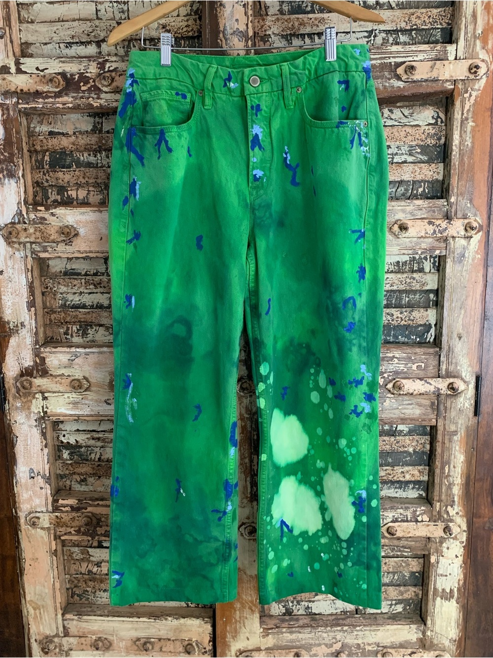 Good American Good 90s Tie-Dye Green Painted Artistic Jeans HEMMED 26”, 10 / 30 - Picture 2 of 11